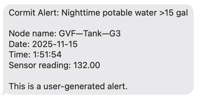Cormit alert notification showing nighttime potable water usage exceeding 15 gallons with sensor details
